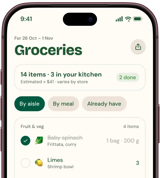Groceries list by aisle, with items you already have ticked off